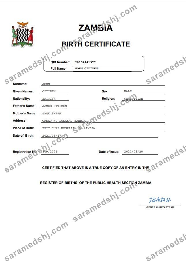 Zambia birth certificate Word and PDF template